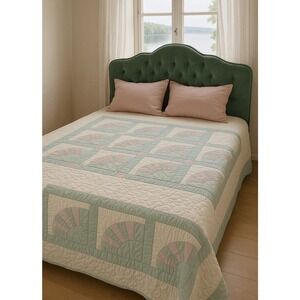 Handmade Vintage Fan Pattern Quilt Shabby  Chic Blue White‎ #13